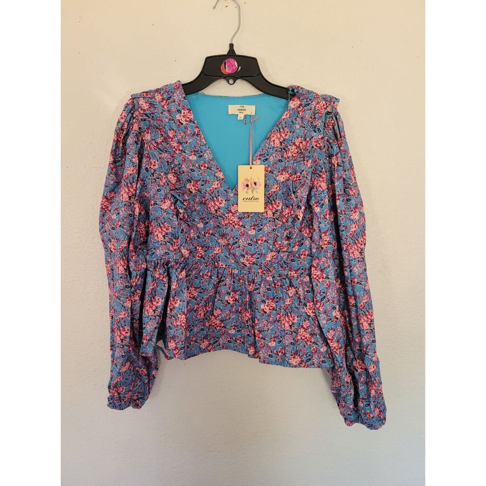 Entro Blue Floral Ruffle Peplum V-Neck Long Sleeve Blouse Top Small NWT #1